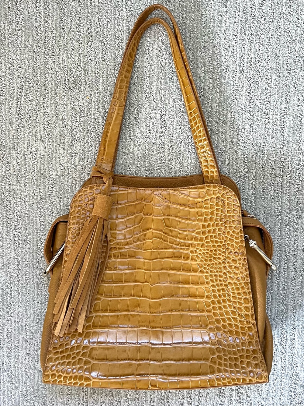 Vince Camuto crocodile pattern leather tassel tote